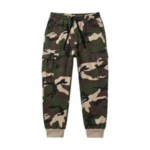 Detailed view of fleece-lined camouflage cargo pants with side pockets and cuffs.