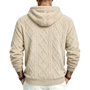 Back view detail of men's thick fleece hooded sweatshirt, showing soft fuzzy texture.
