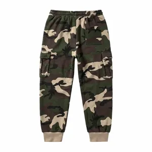 Mens camouflage cargo sweatpants with multi pockets and elastic cuffs for outdoor casual daily wear.