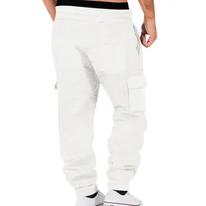 Pantalones cargo blancos de gofre hombre casual streetwear cordón bolsillos otoño