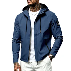 Men's blue hooded windbreaker jacket casual outdoor sports coat full zip with pockets.