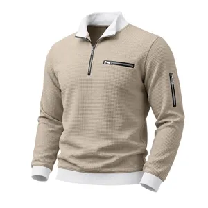 Men waffle knit quarter zip pullover sweatshirt detail, casual long sleeve top wear