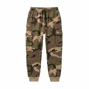 Detailed view of men's fleece-lined camouflage cargo sweatpants with utility pockets.