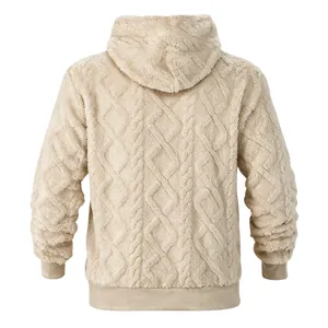 Detailed back view of thick plush fleece hooded sweatshirt in beige with jacquard texture.