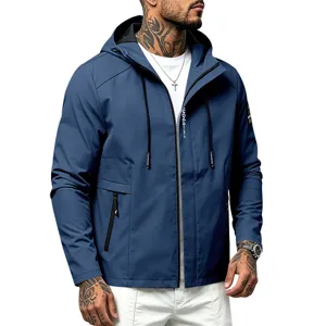 Men's casual hooded windbreaker jacket detail view, lightweight outdoor sportswear top.