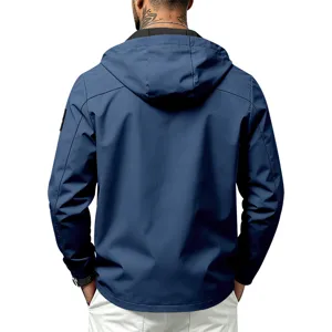 Back view of the blue hooded windbreaker jacket, showcasing the fit and hood details.
