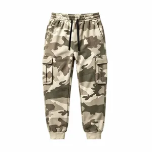 Camo cargo sweatpants detailed view, featuring elastic drawstring waist and side pockets.