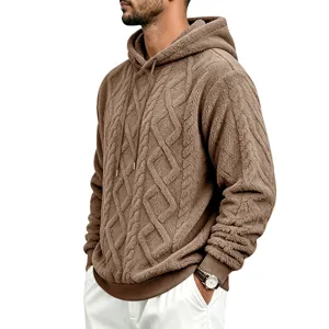 Men Brown Thickened Fleece Hoodie Thermal Cable Knit Pullover Sweatshirt Detail View
