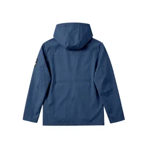Back view detail of mens casual hooded windbreaker jacket, solid navy blue outerwear top.