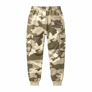 Detailed view of winter fleece-lined camouflage cargo sweatpants with elastic cuffs.
