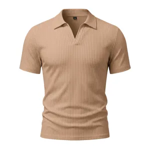 Polo de manga corta con cuello en V acanalado para hombre, top de verano ajustado y elástico.