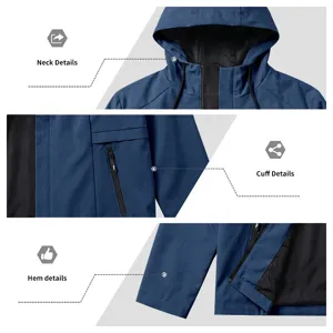 Close-up detail view of the men's outdoor shell jacket showcasing hood, cuff, and hem design.