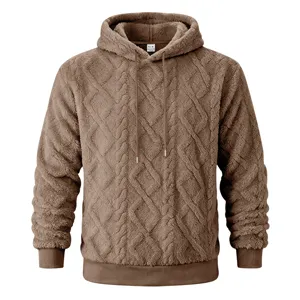 Men's thick thermal fleece hooded sweatshirt with diamond jacquard pattern and drawstrings.