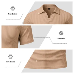 Polo de hombre de manga corta de punto acanalado cuello V slim fit transpirable de verano.
