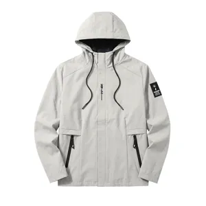 Men's casual hooded windbreaker jacket, light grey outdoor sports outerwear with zipper pockets.