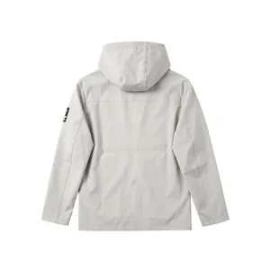 Light grey hooded windbreaker jacket casual outdoor sports apparel outerwear for men.