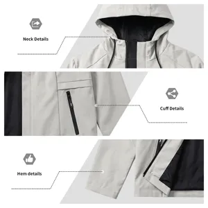 Men lightweight hooded windbreaker jacket detail view, casual outdoor sports coat outerwear.