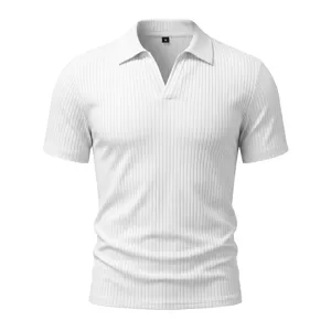 Polo hombre blanco acanalado cuello V manga corta, parte superior casual transpirable.