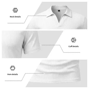 Vista detallada del polo de manga corta acanalado blanco con diseño de cuello, puño y dobladillo.