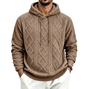 Men's thick fleece hooded sweatshirt with cable knit texture, warm autumn winter pullover casual.