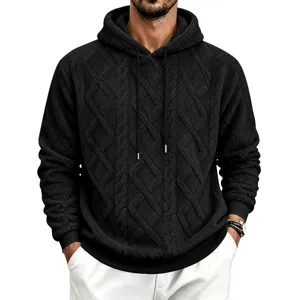 Men thick fleece hooded sweatshirt cable knit winter warm pullover casual black hoodie
