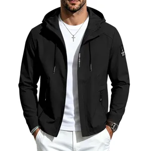 Men's black hooded windbreaker jacket detail view, casual outdoor activewear outerwear.