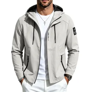 Men's casual hooded windbreaker jacket light gray outdoor sports lightweight outerwear top