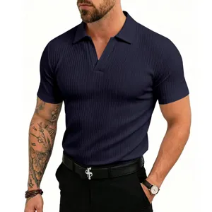 Polo de hombre verano acanalado cuello V manga corta transpirable elástico slim top