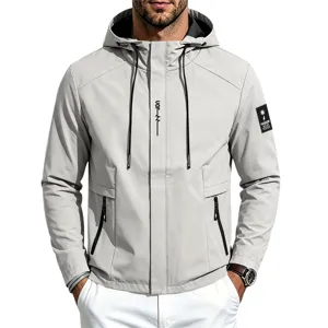 Men casual hooded windbreaker jacket detail, lightweight outdoor sports coat with zip pockets.