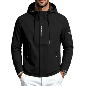 Men's hooded windbreaker jacket casual outdoor sportswear top detail view showing design.