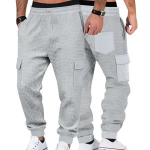 Pantalón Cargo de Tejido Waffle Gris para Hombre Cordón Bolsillos Variante
