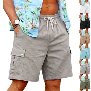 Men casual cargo shorts detail view, multi-pocket cotton linen beach summer wear styles.