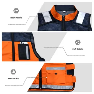 Reflective safety vest with high visibility orange mesh design, multiple pockets and details.