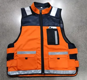 Reflective safety vest multi-pocket high visibility orange dark blue workwear jacket