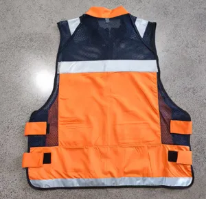 Orange reflective safety vest, breathable mesh fabric, high visibility strips, workwear.