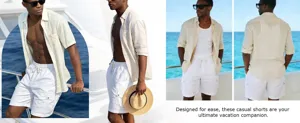 Detail view of men's breathable linen cargo shorts with multi-pockets for summer beach wear.