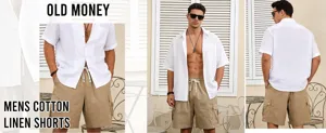 Men's casual cotton linen cargo shorts and short sleeve shirt summer beach outfit set.