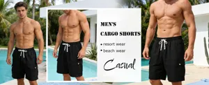 Men's casual cargo shorts, comfortable cotton linen fabric with elastic drawstring waist.