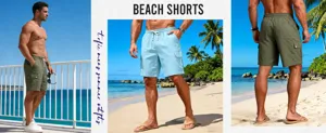 Men's casual cotton linen cargo beach shorts with multi pockets and elastic drawstring waist.