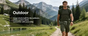 Detailed outdoor view showcasing mens green cargo shorts and comfortable hiking wear style.