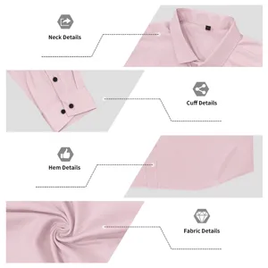 Men's pink long sleeve casual dress shirt detail view, classic collar and button cuffs.