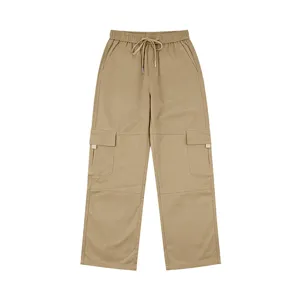 Men's khaki multi-pocket cargo pants, casual straight-leg loose twill trousers for daily wear.