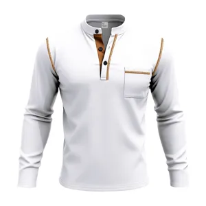 Men's casual long sleeve henley shirt with contrast stitching, stand collar, and chest pocket detail.
