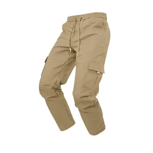 Khaki multi-pocket cargo pants detail showing durable twill fabric and adjustable waist.