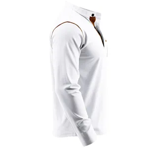 Men's long sleeve Henley t-shirt side view, white casual top with brown contrast trim details.