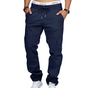 Men's navy blue cargo pants with multi-pockets, elastic drawstring waist, casual daily wear.