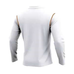 Detailed back view of men's white long sleeve stand collar shirt featuring contrast stitching.