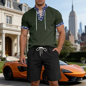 Men's corduroy short sleeve lace-up Henley t-shirt and casual shorts set for summer men.