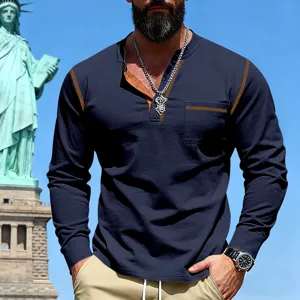 Men's long sleeve stand collar polo shirt casual slim fit basic top for spring summer daily wear.
