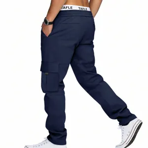 Men's dark blue cargo pants casual streetwear multi-pocket trousers straight leg fit